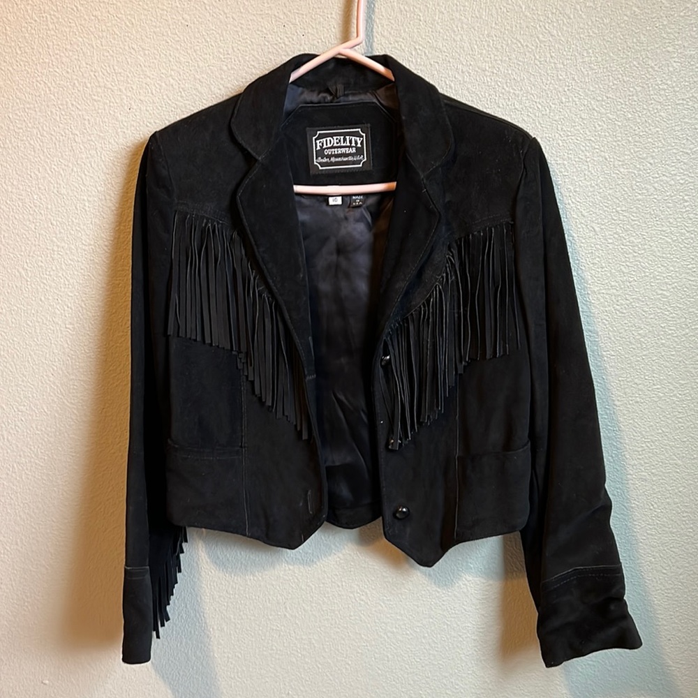 Fidelity outerwear,black suede leather fringe jacket, button up,two wide pockets